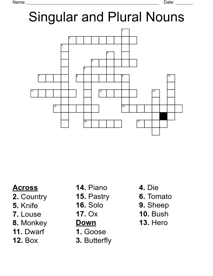 Singular and Plural Nouns Crossword