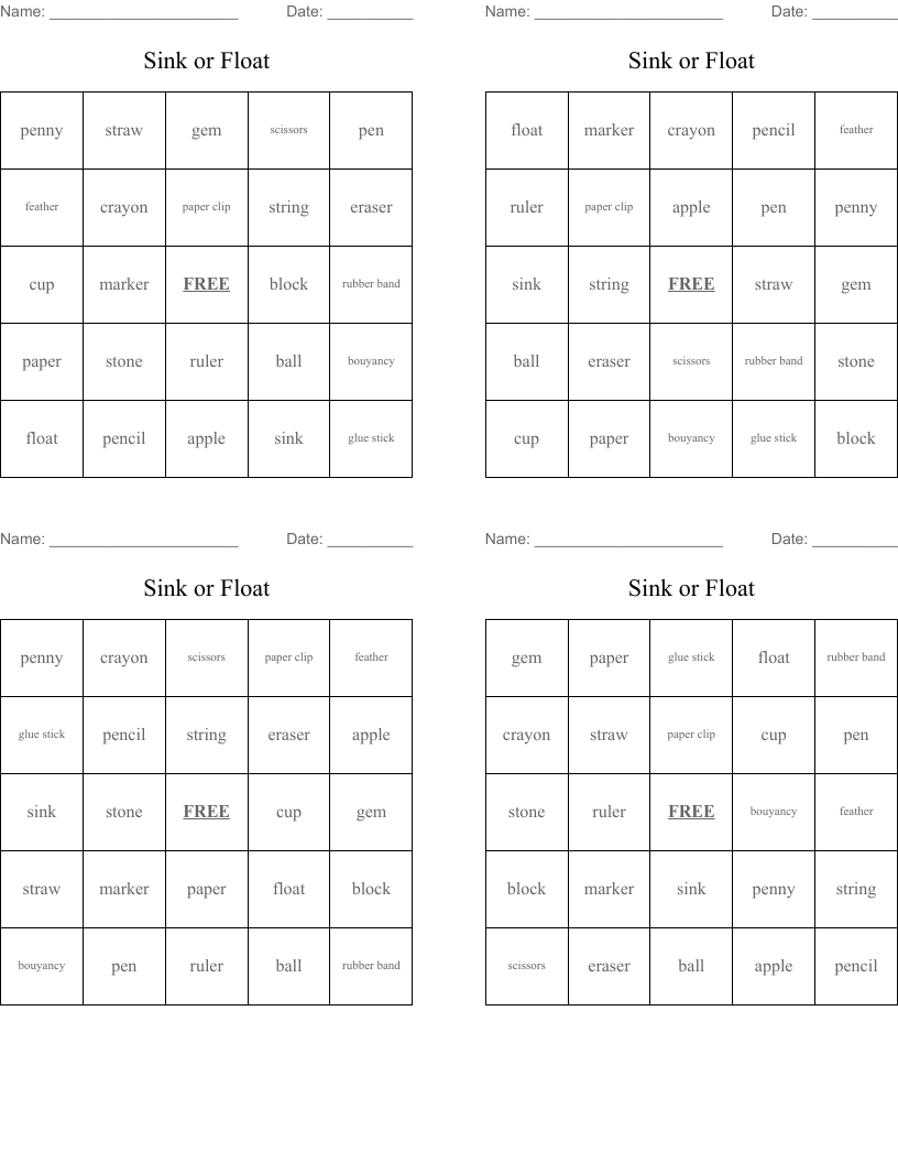 Sink or Float Bingo Cards