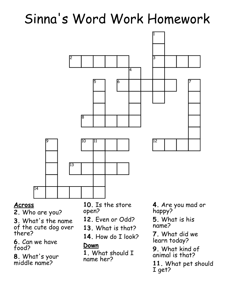 Sinna's Word Work Homework Crossword