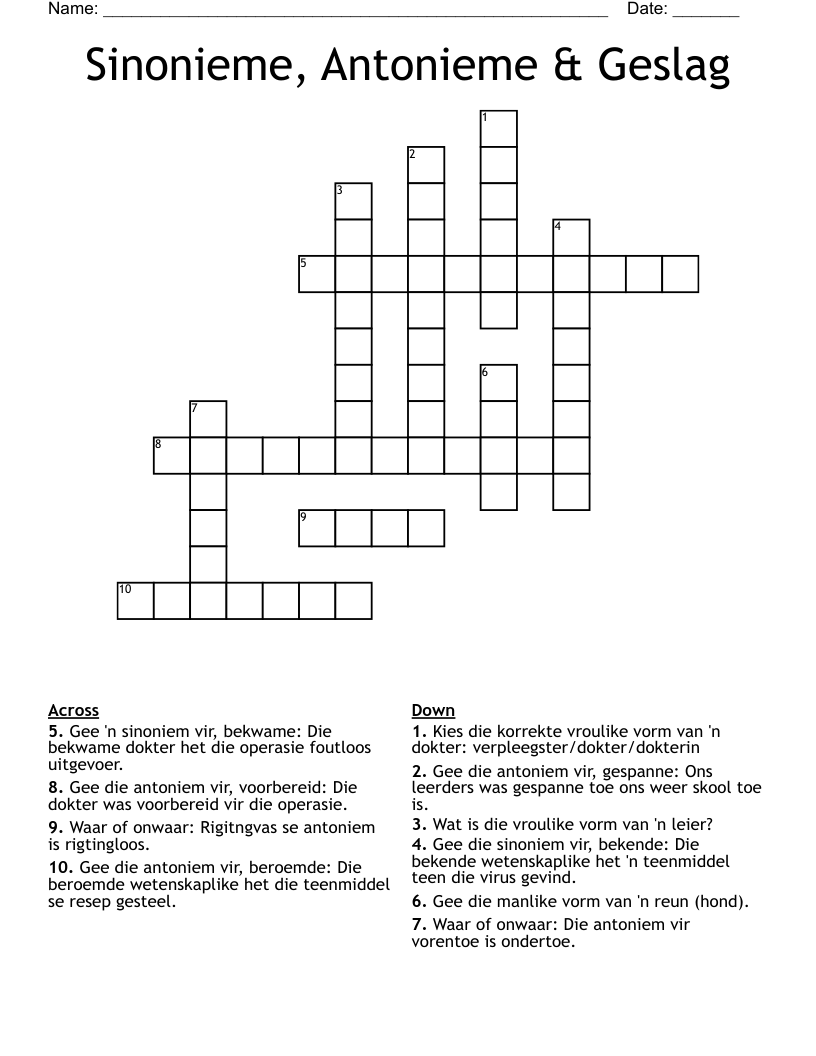 Sinonieme, Antonieme & Geslag Crossword