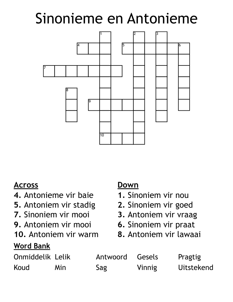 Sinonieme en Antonieme Crossword
