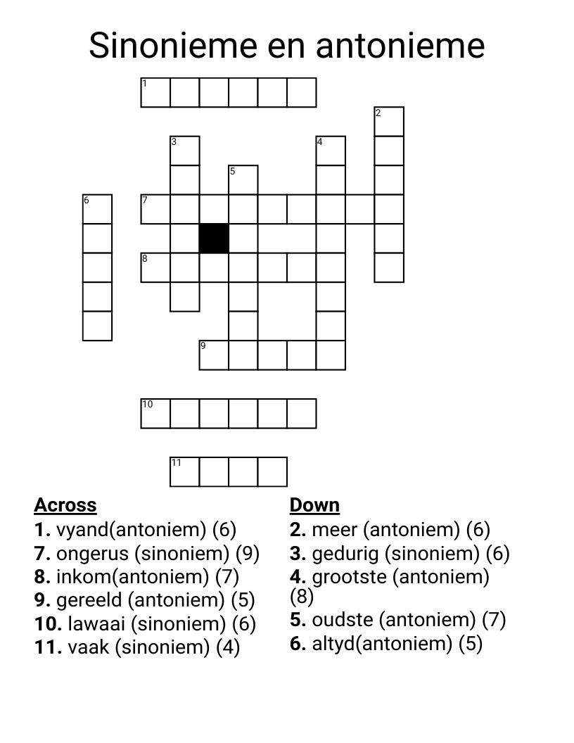 Sinonieme en antonieme Crossword