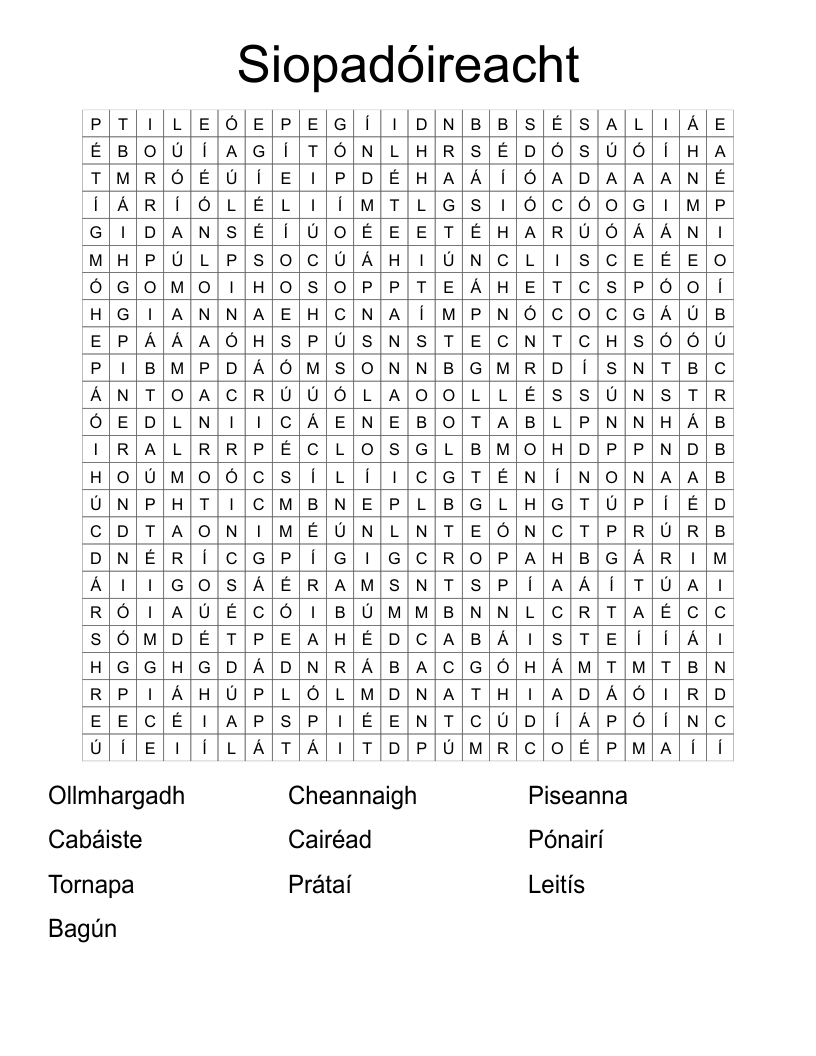 Siopadóireacht Word Search