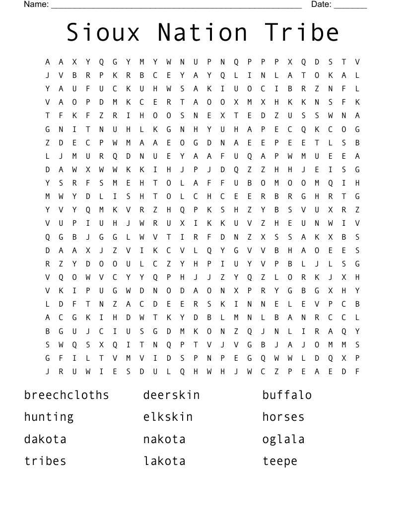 Sioux Nation Tribe Word Search