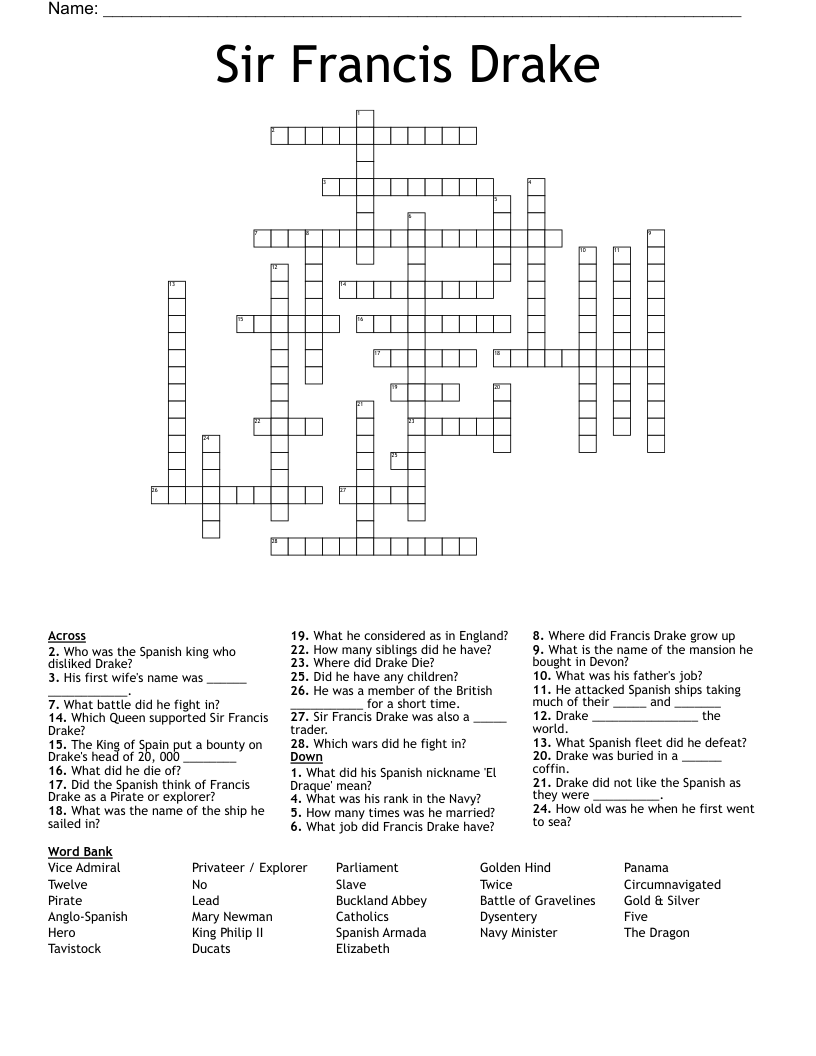 Sir Francis Drake Crossword