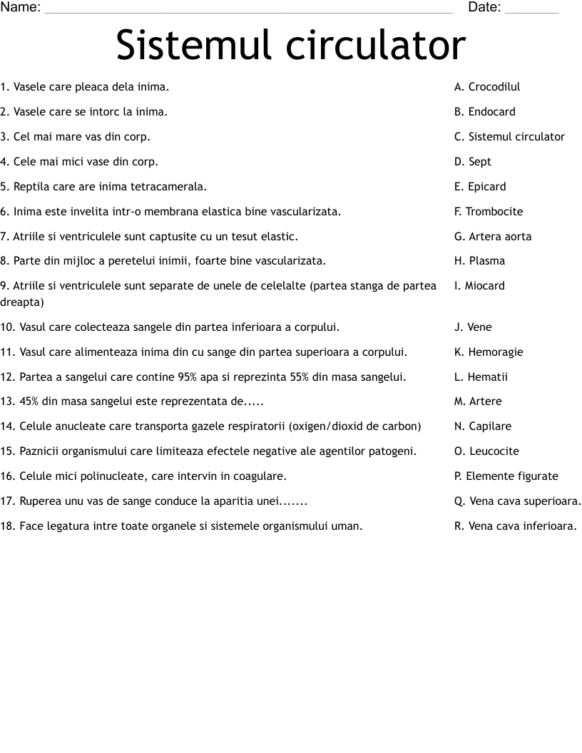 Sistemul circulator Worksheet