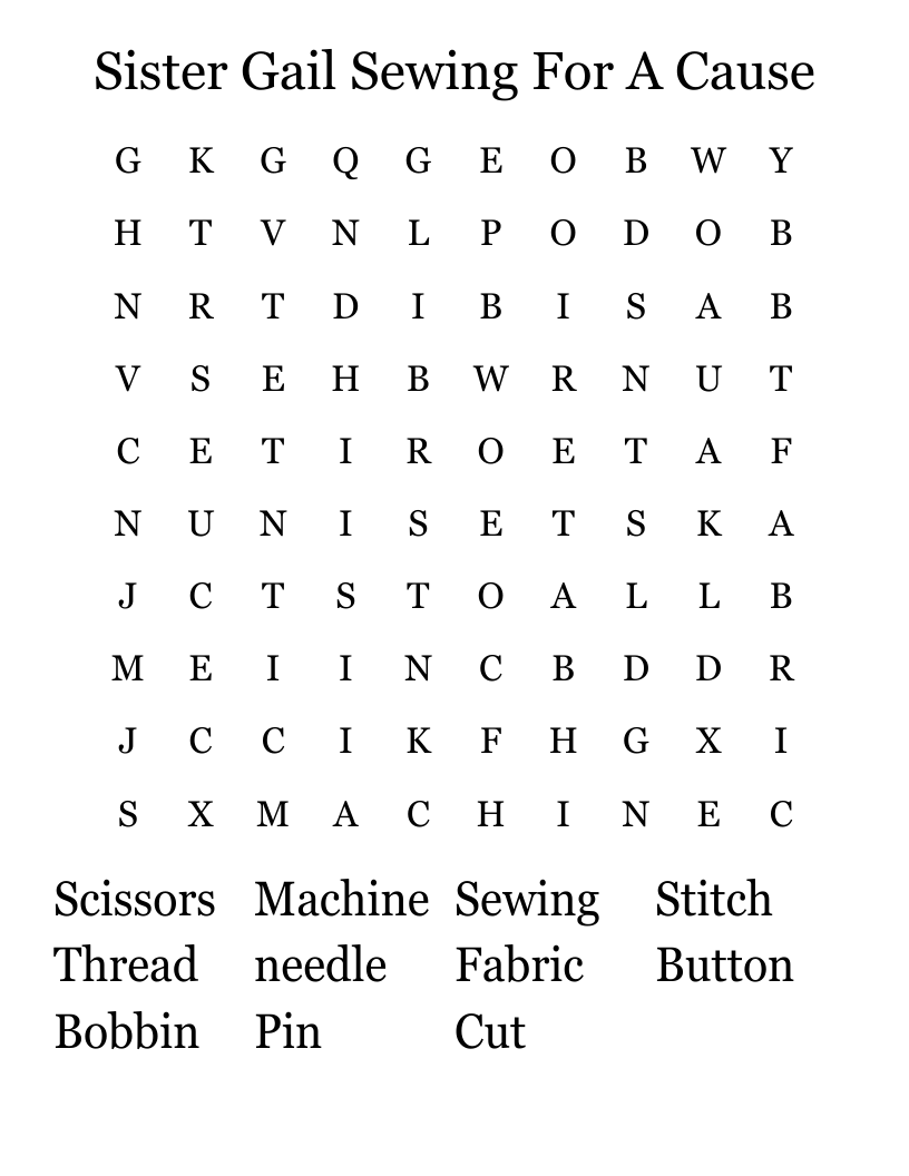 Sister Gail Sewing For A Cause Word Search