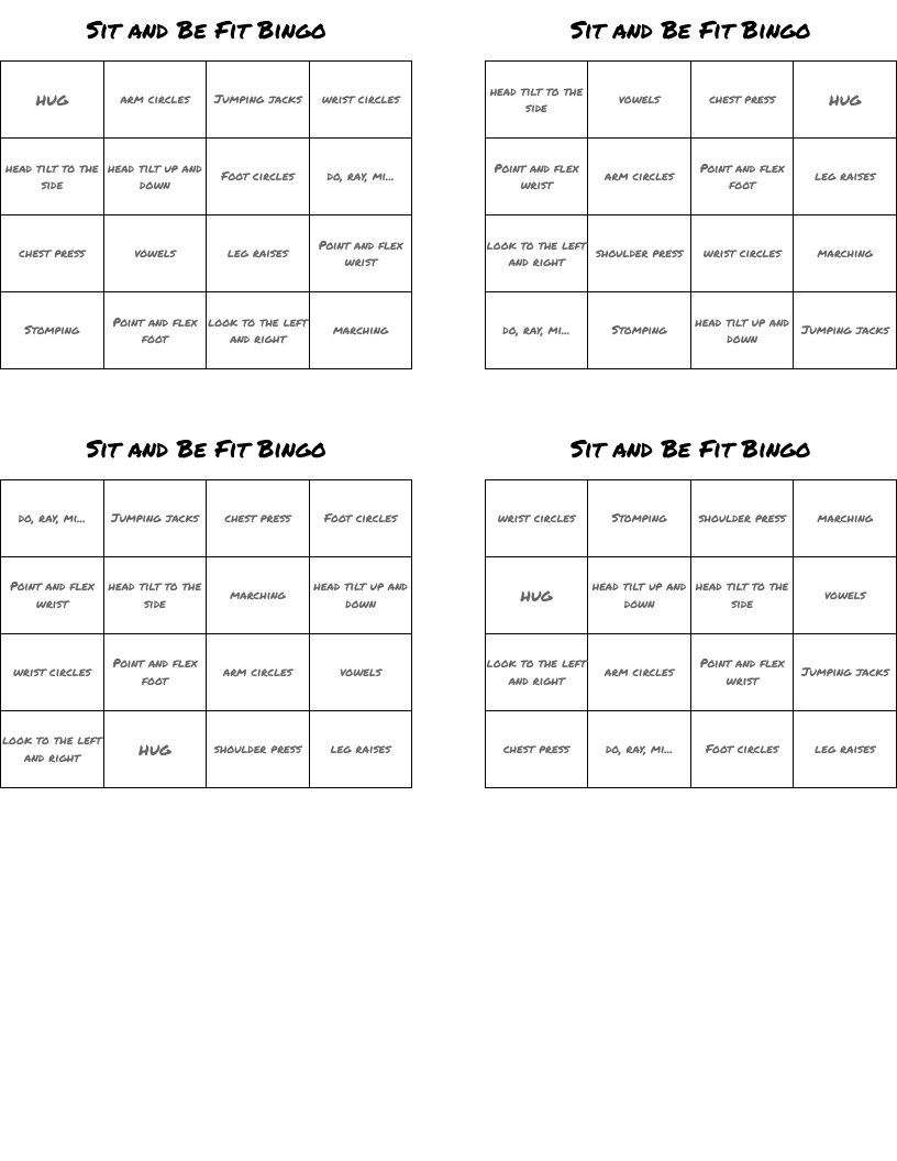 Sit and Be Fit Bingo