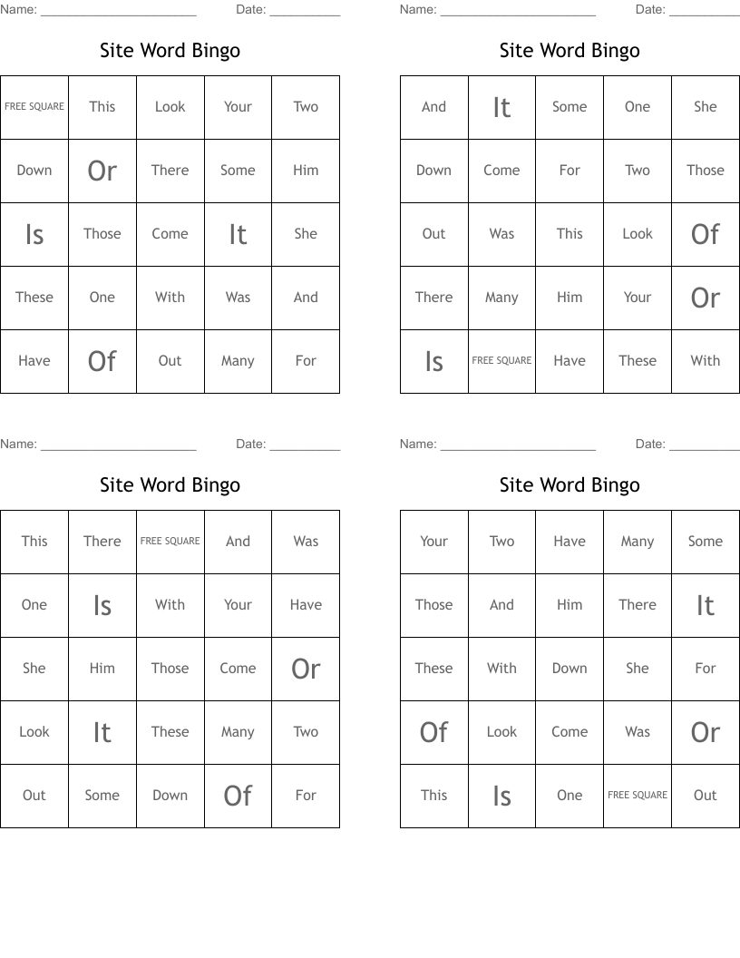 Site Word Bingo