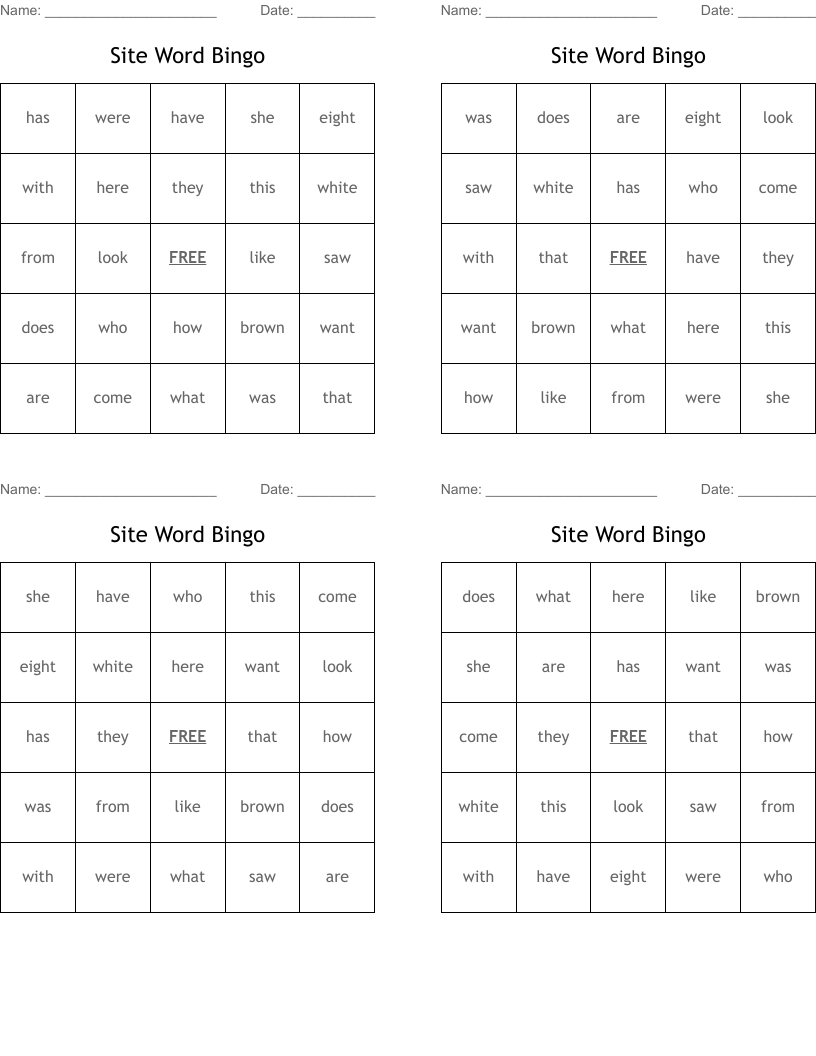 Site Word Bingo