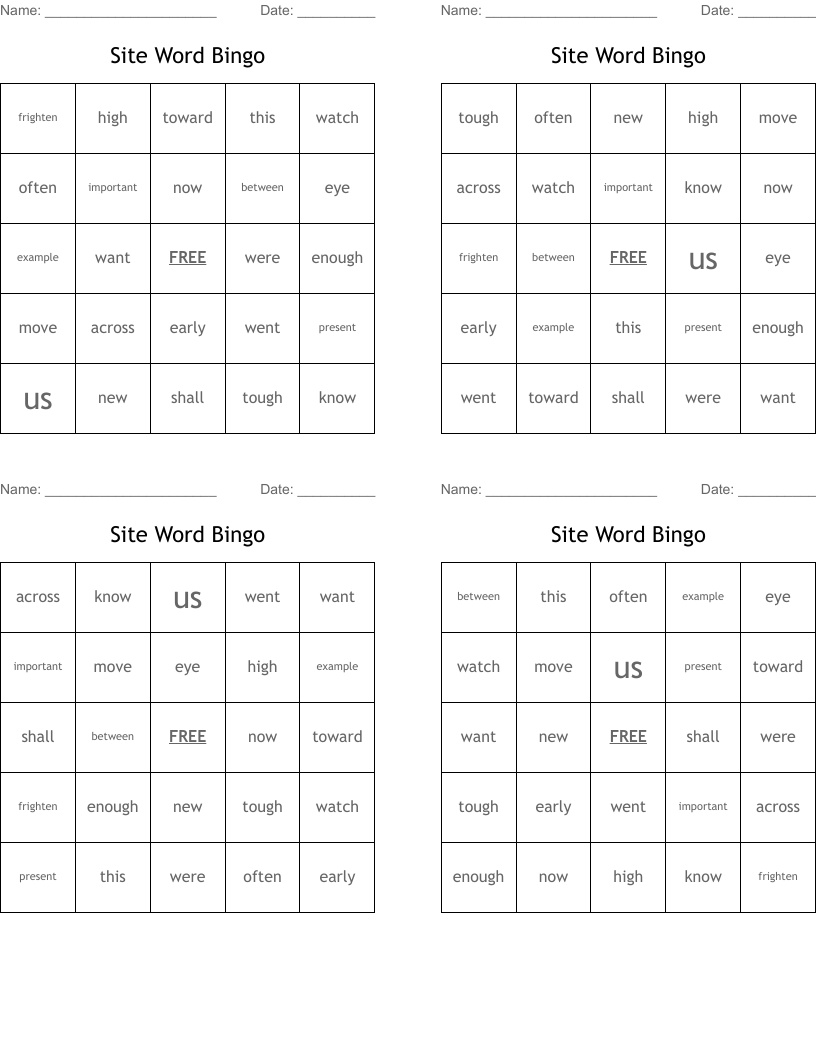 Site Word Bingo