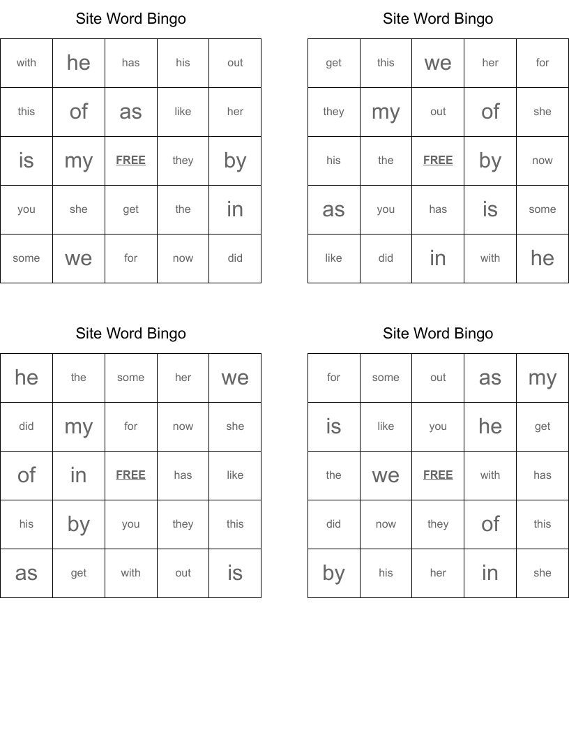Site Word Bingo