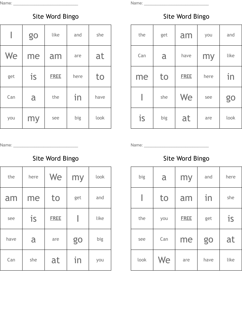 Site Word Bingo