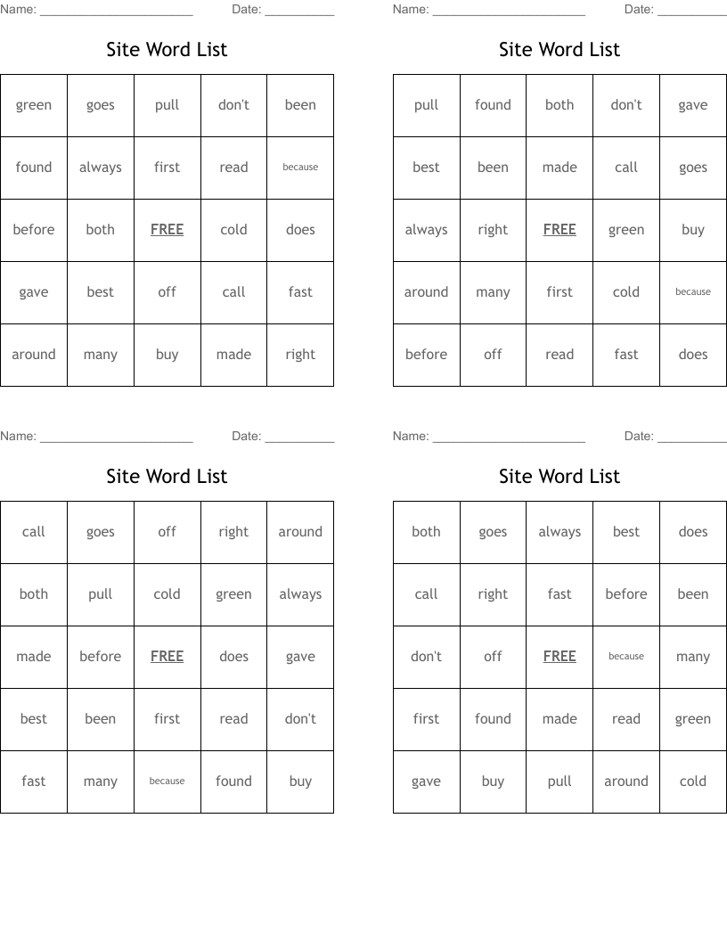 Site Word List Bingo Cards