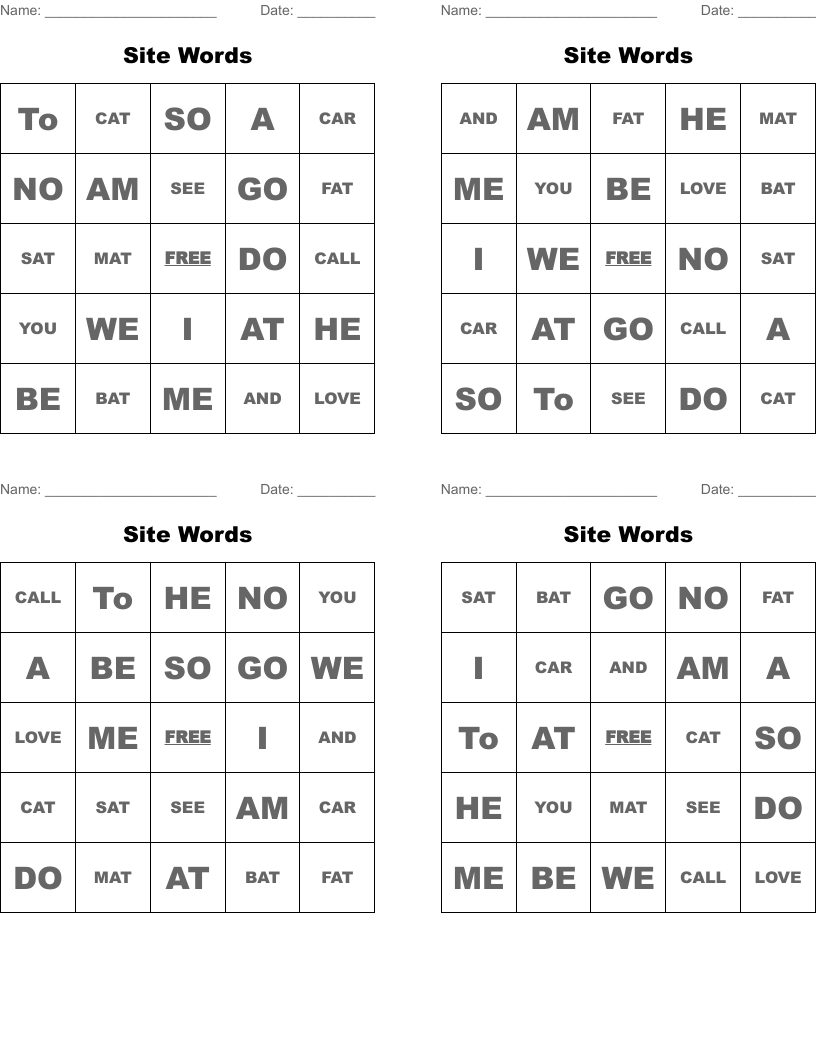 Site Words Bingo Cards