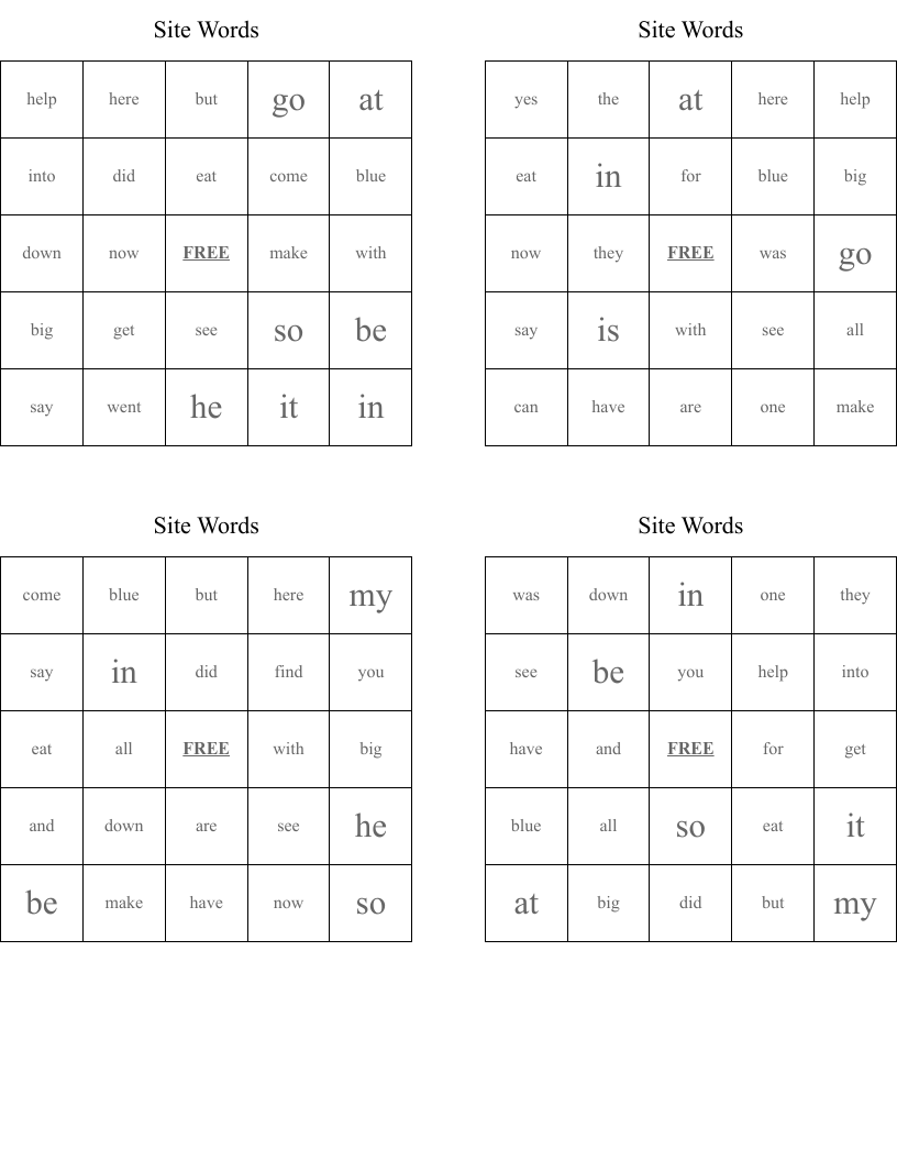 Site Words Bingo Cards