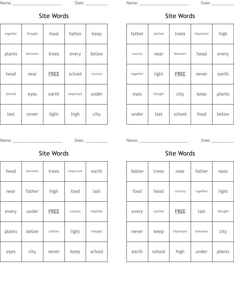 Site Words Bingo Cards