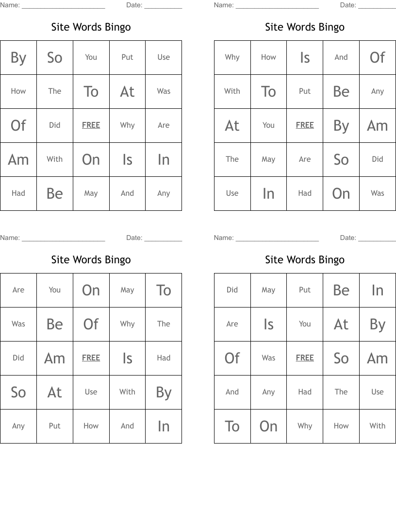 Site Words Bingo
