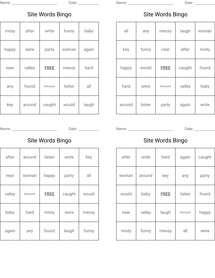 Site Words Bingo