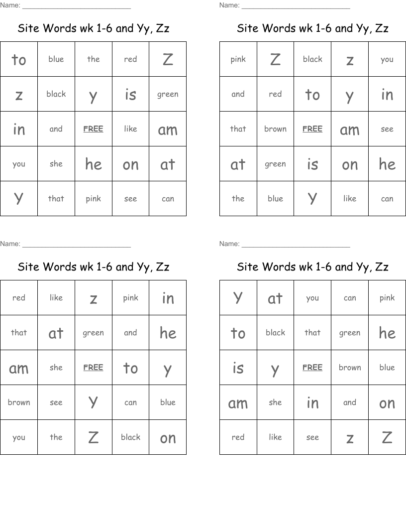 Site Words  wk 1-6 and Yy, Zz Bingo Cards