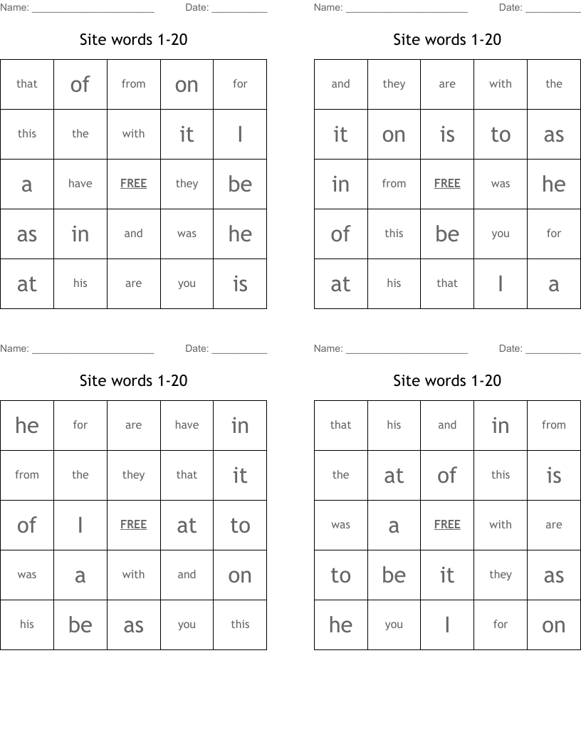 Site words 1-20 Bingo Cards