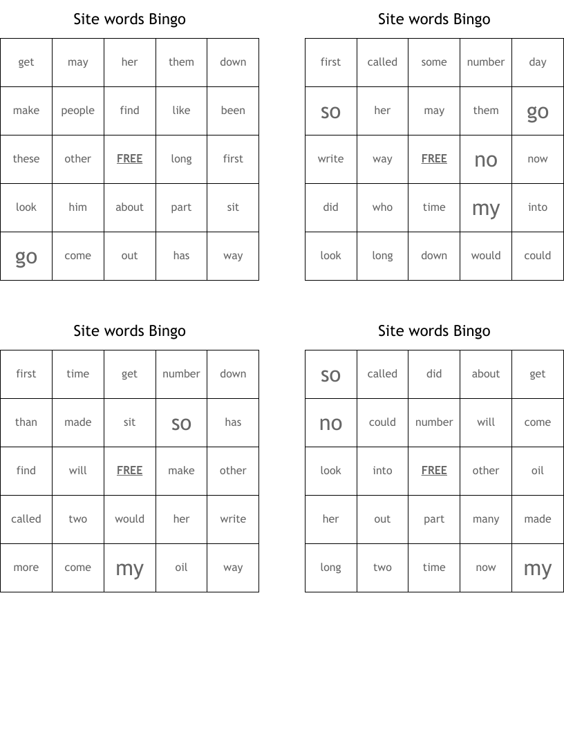 Site words Bingo