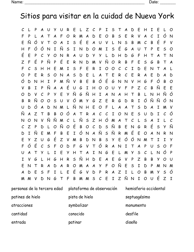 Sitios para visitar en la cuidad de Nueva York Word Search