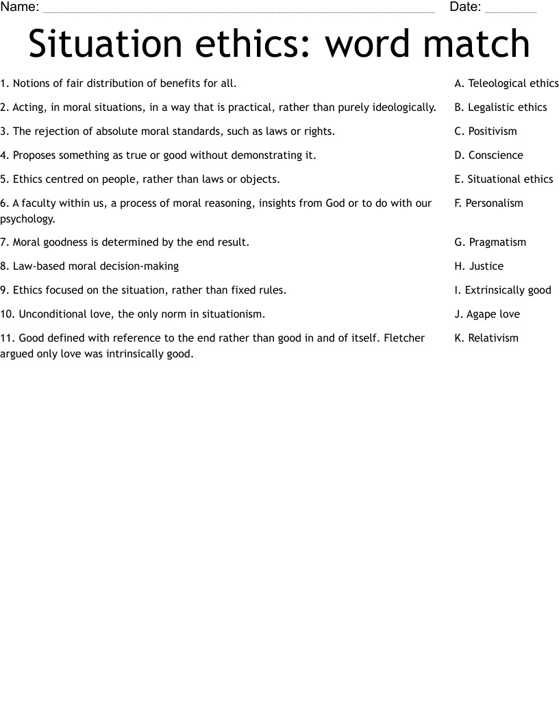 Situation ethics: word match Worksheet