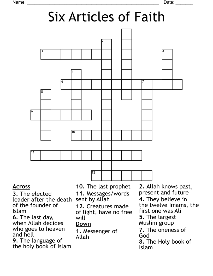 Six Articles of Faith Crossword