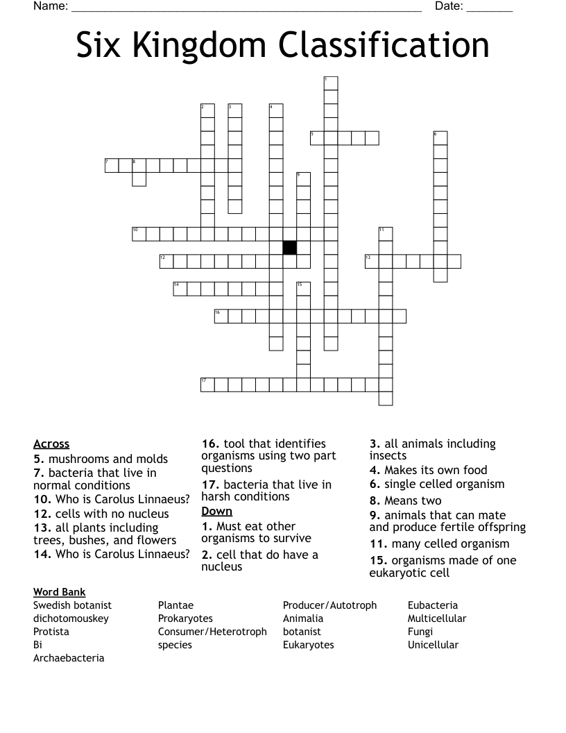 Six Kingdom Classification Crossword