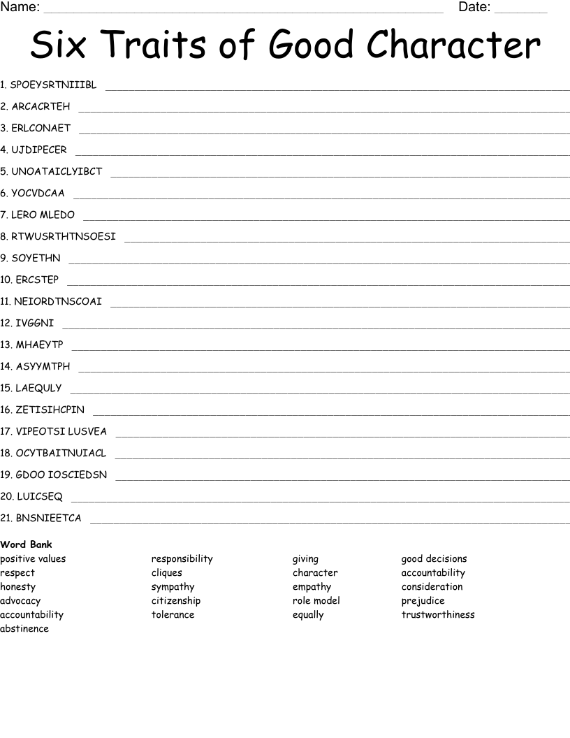 Six Traits of Good Character Word Scramble