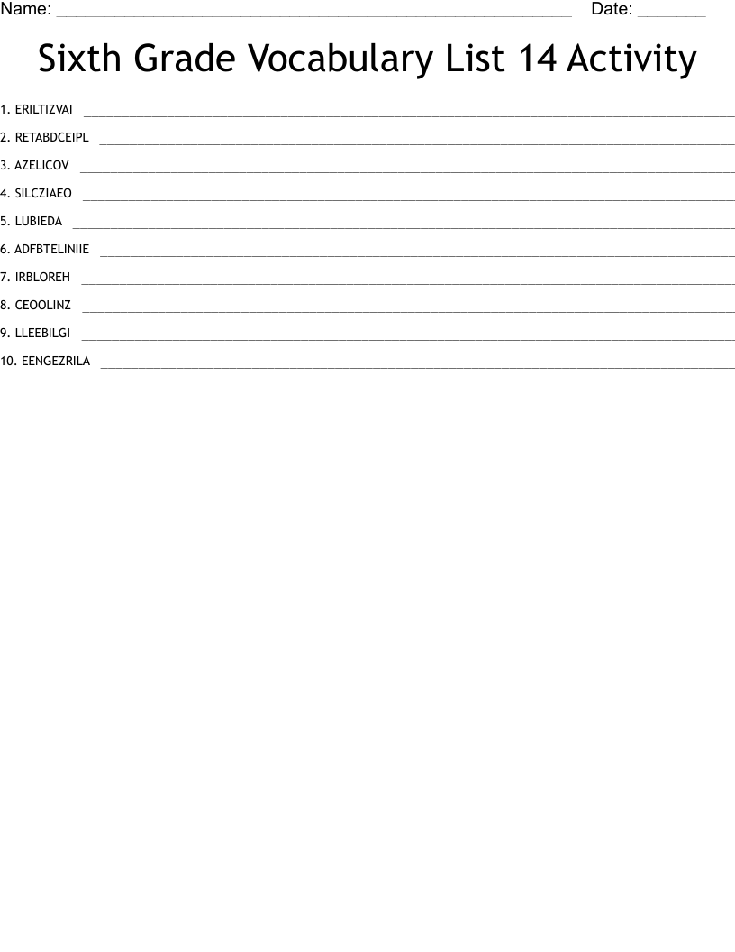 Sixth Grade Vocabulary List 14 Activity Word Scramble