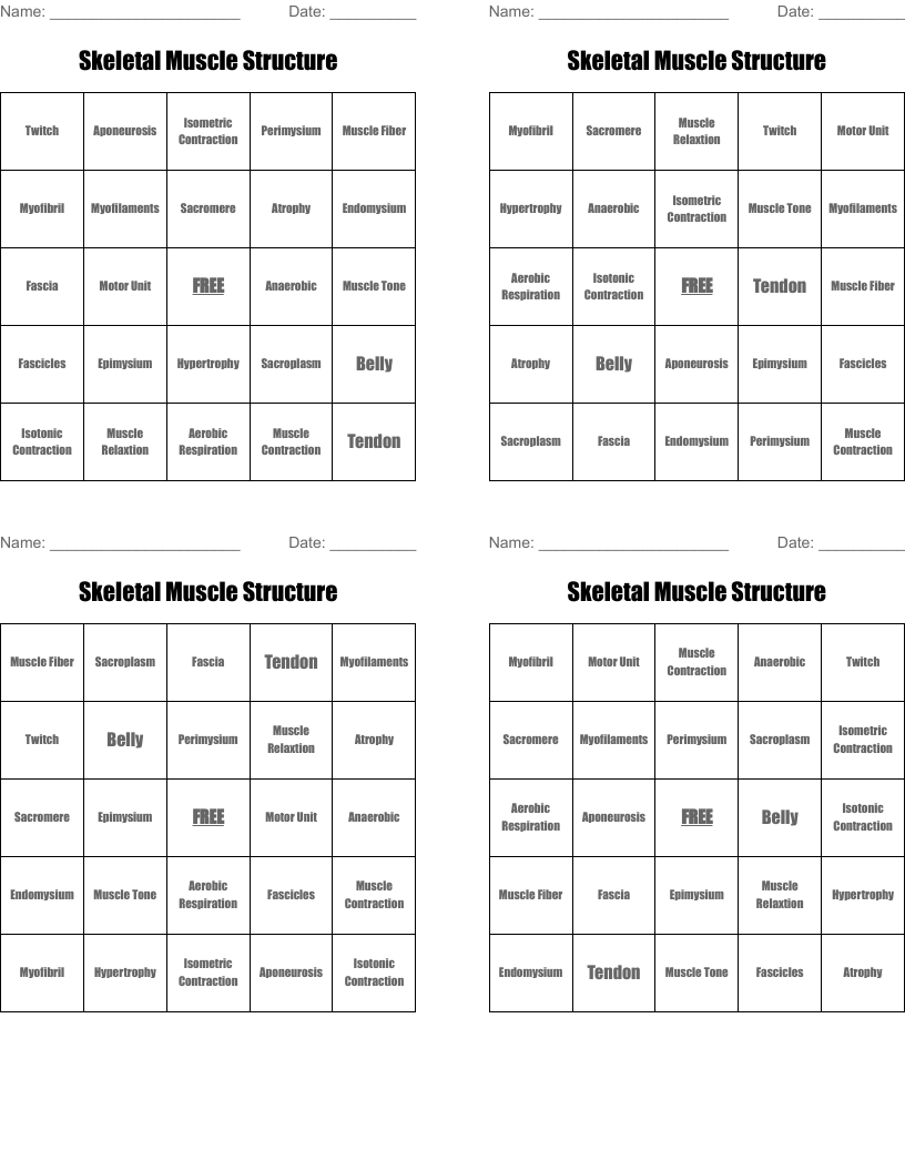 Skeletal Muscle Structure Bingo Cards