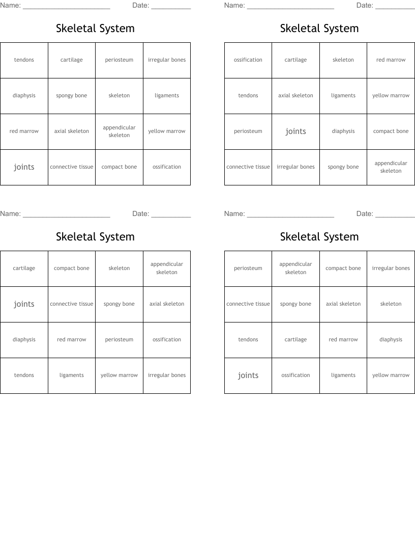 Skeletal System Bingo Cards
