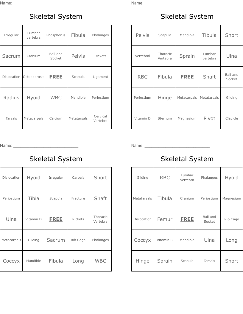 Skeletal System Bingo Cards