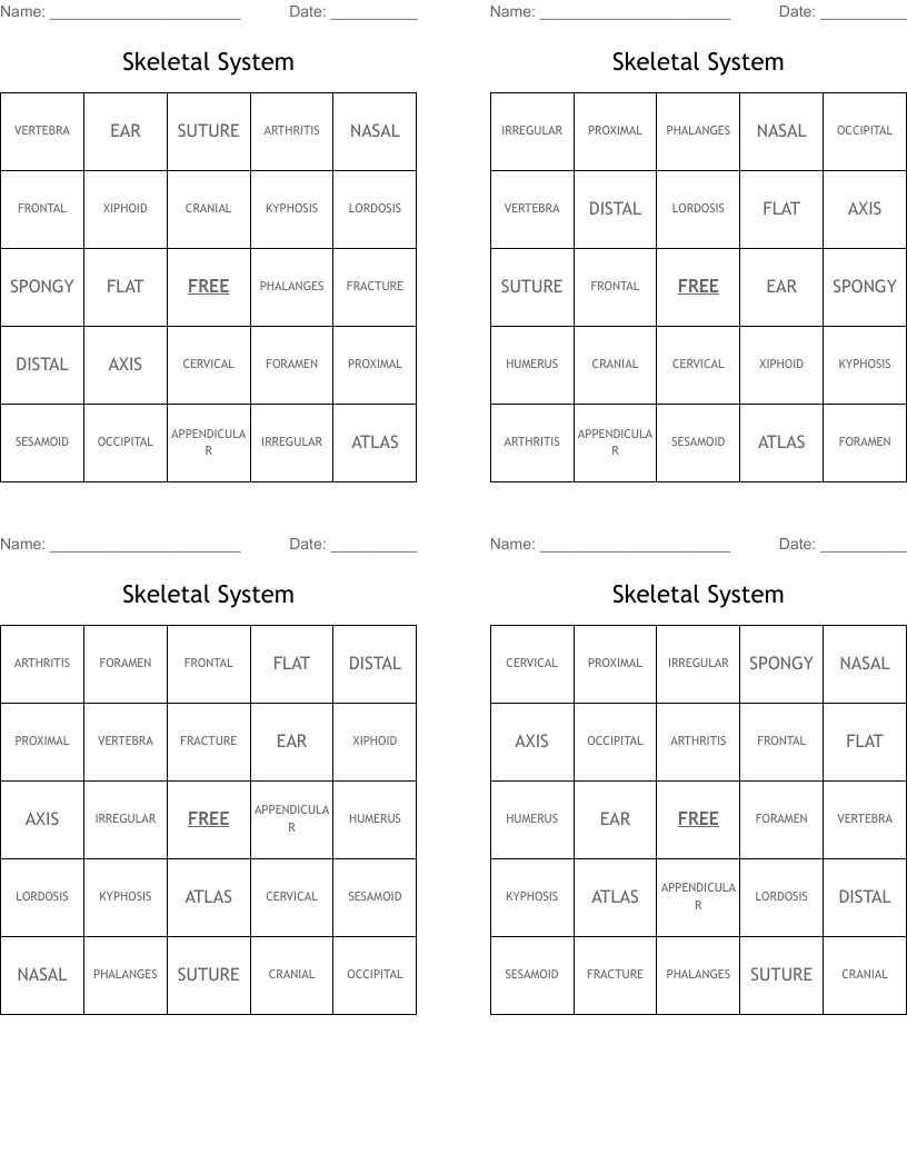 Skeletal System Bingo Cards