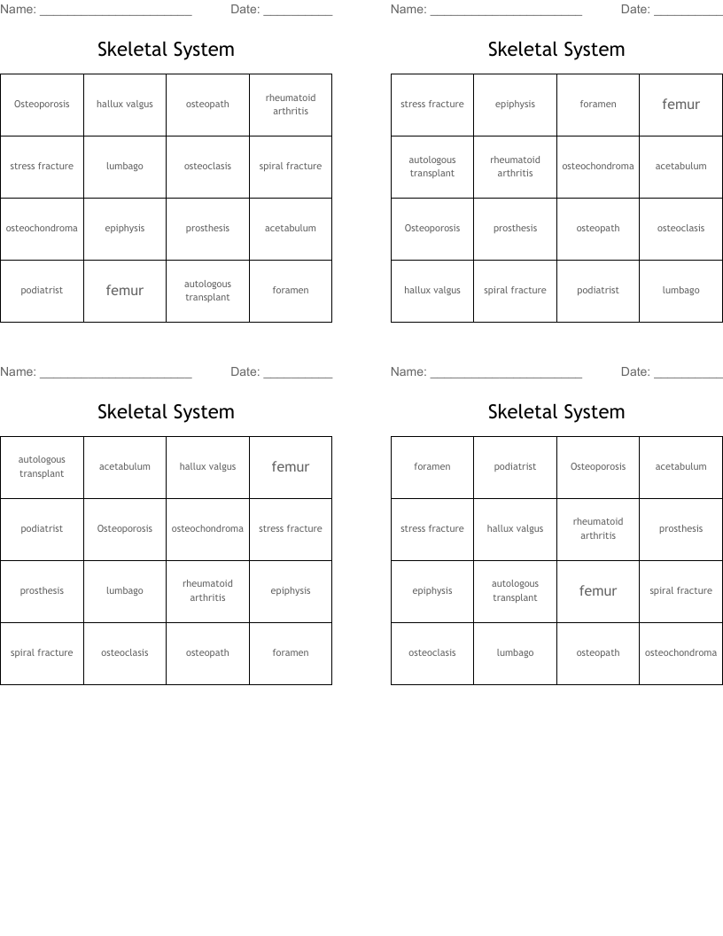 Skeletal System Bingo Cards