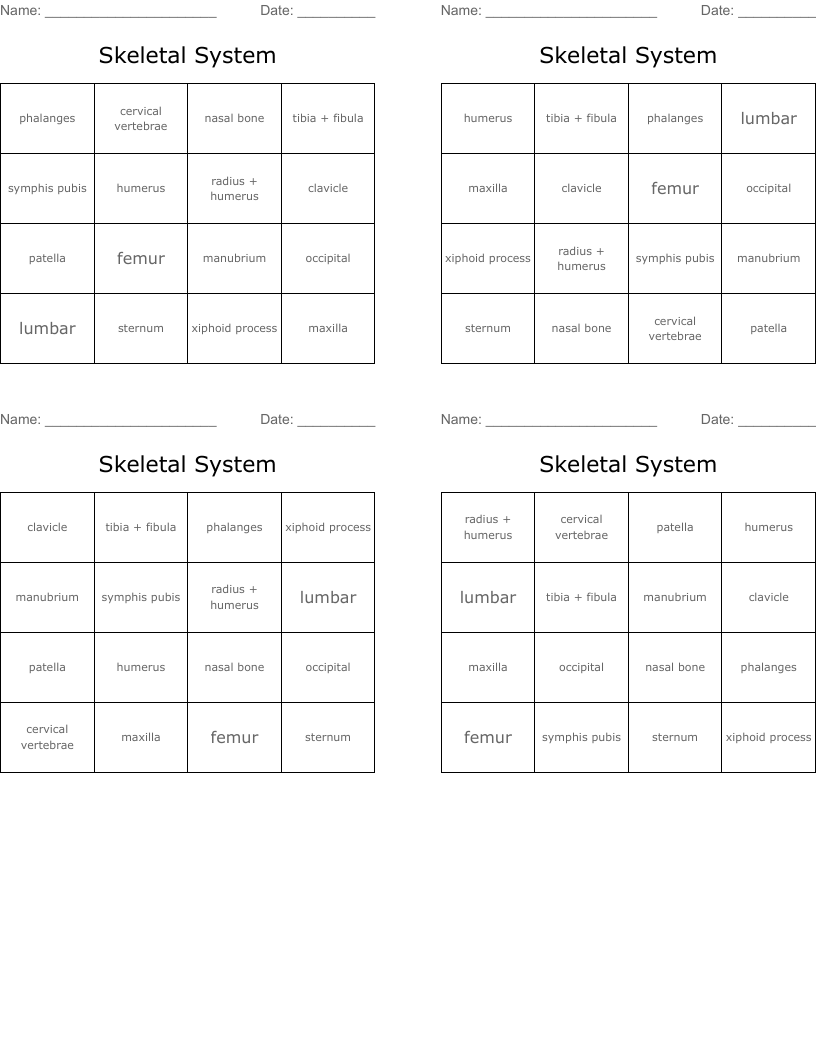 Skeletal System Bingo Cards