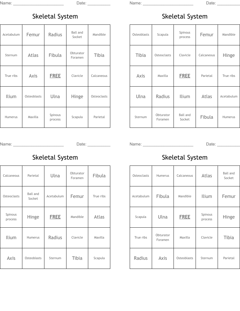 Skeletal System Bingo Cards