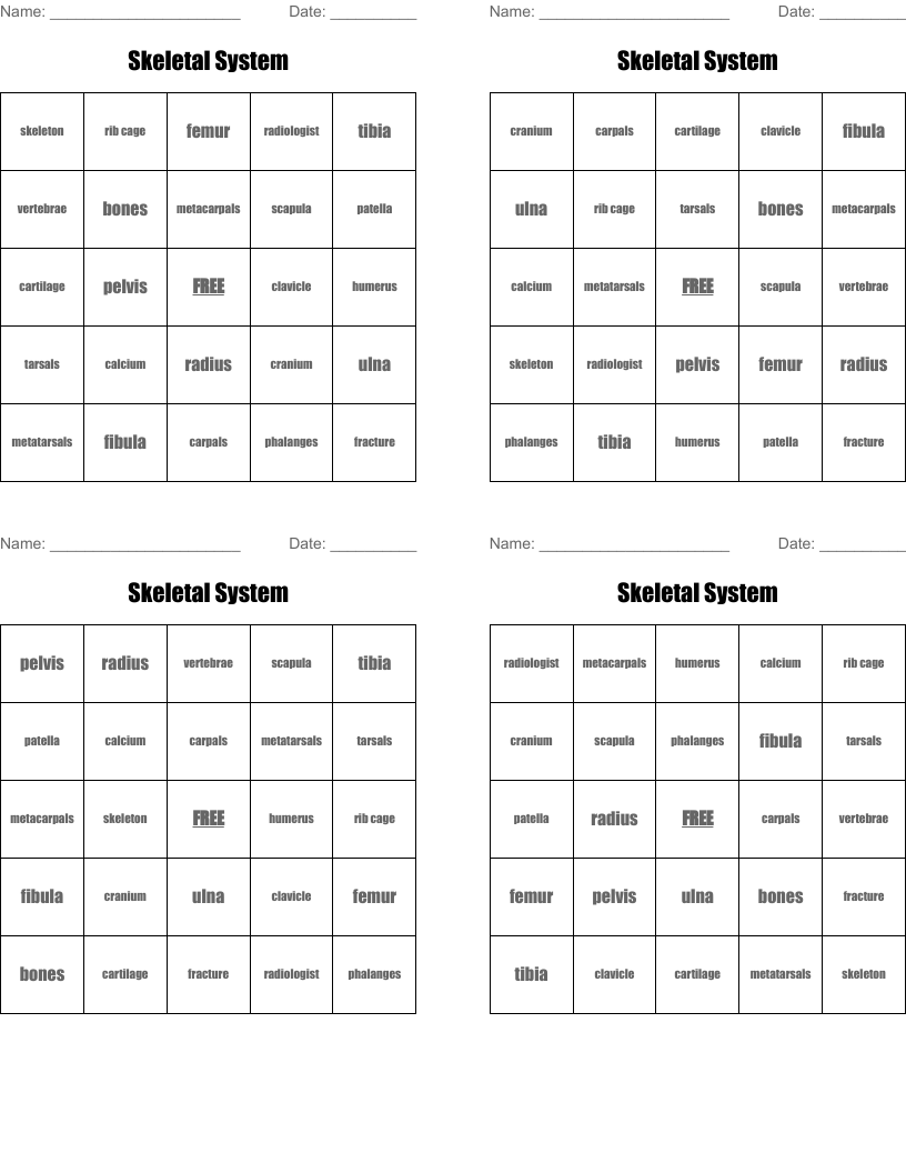 Skeletal System Bingo Cards
