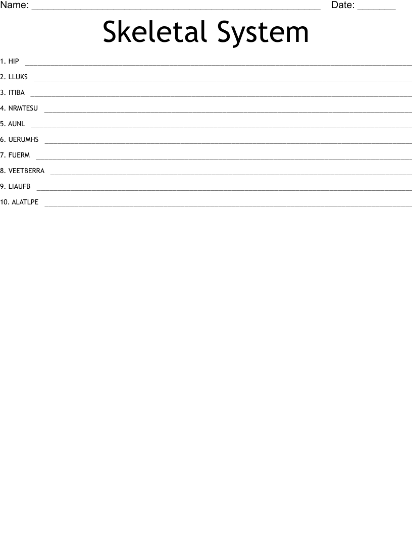 Skeletal System Word Scramble
