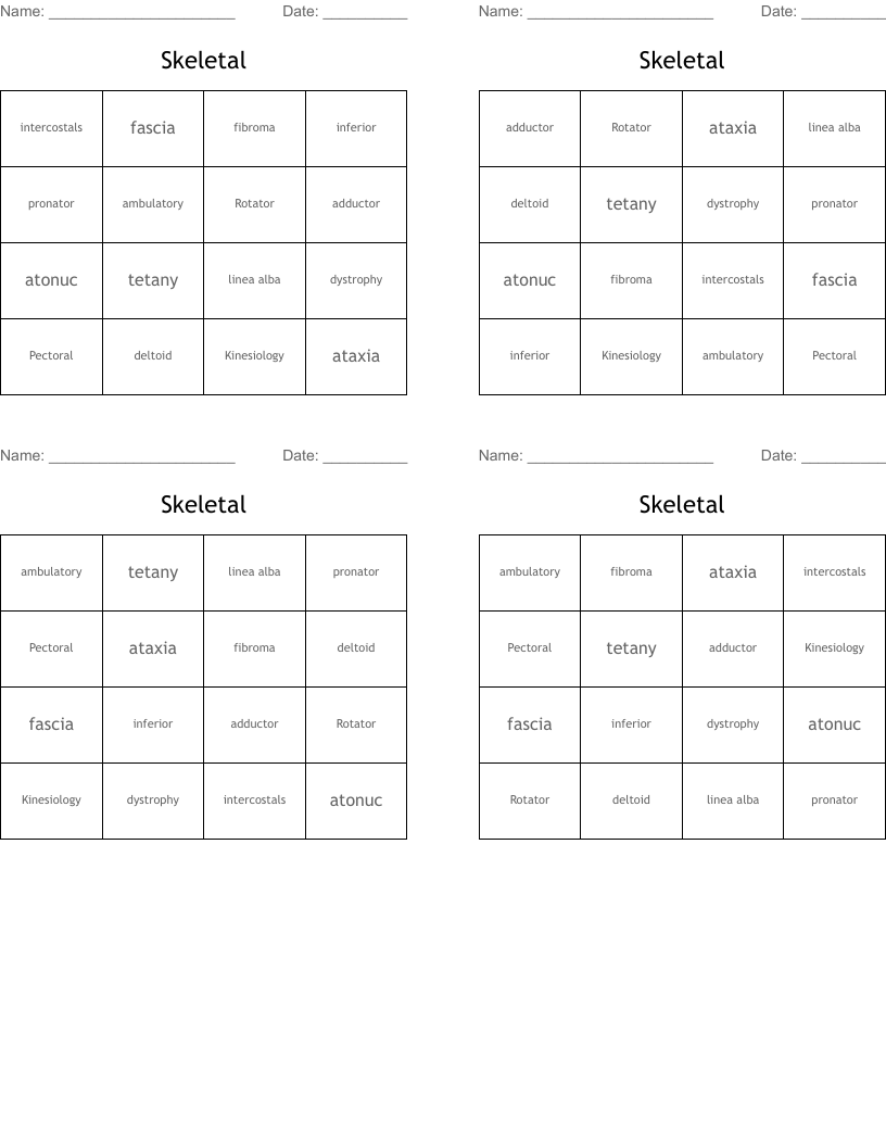 Skeletal  Bingo Cards