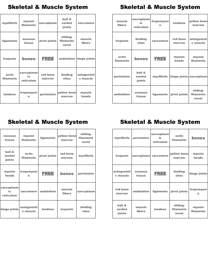 Skeletal & Muscle System Bingo Cards