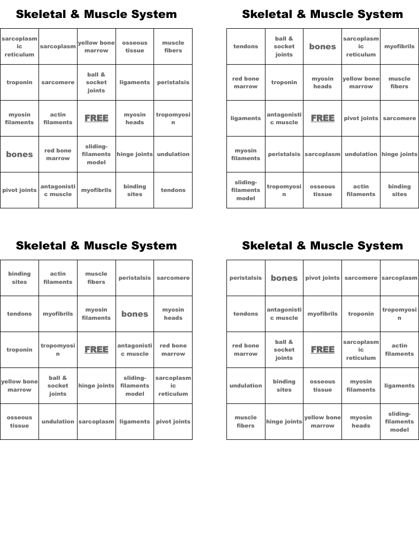 Skeletal & Muscle System Bingo Cards