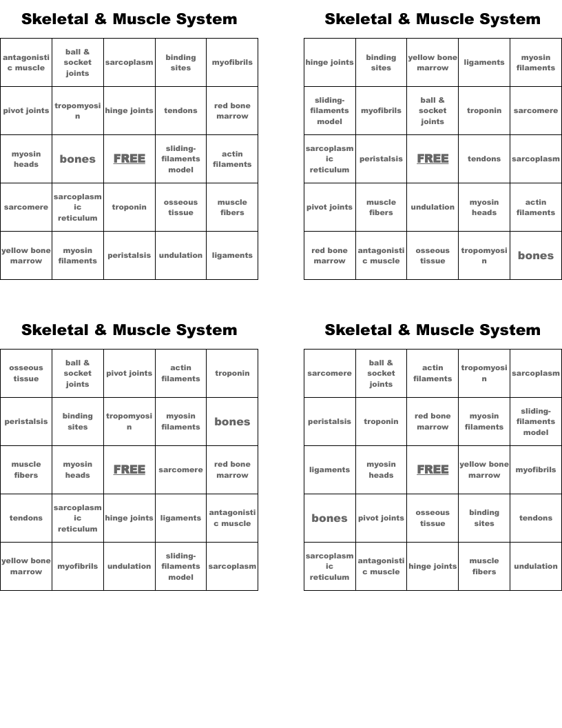 Skeletal & Muscle System Bingo Cards