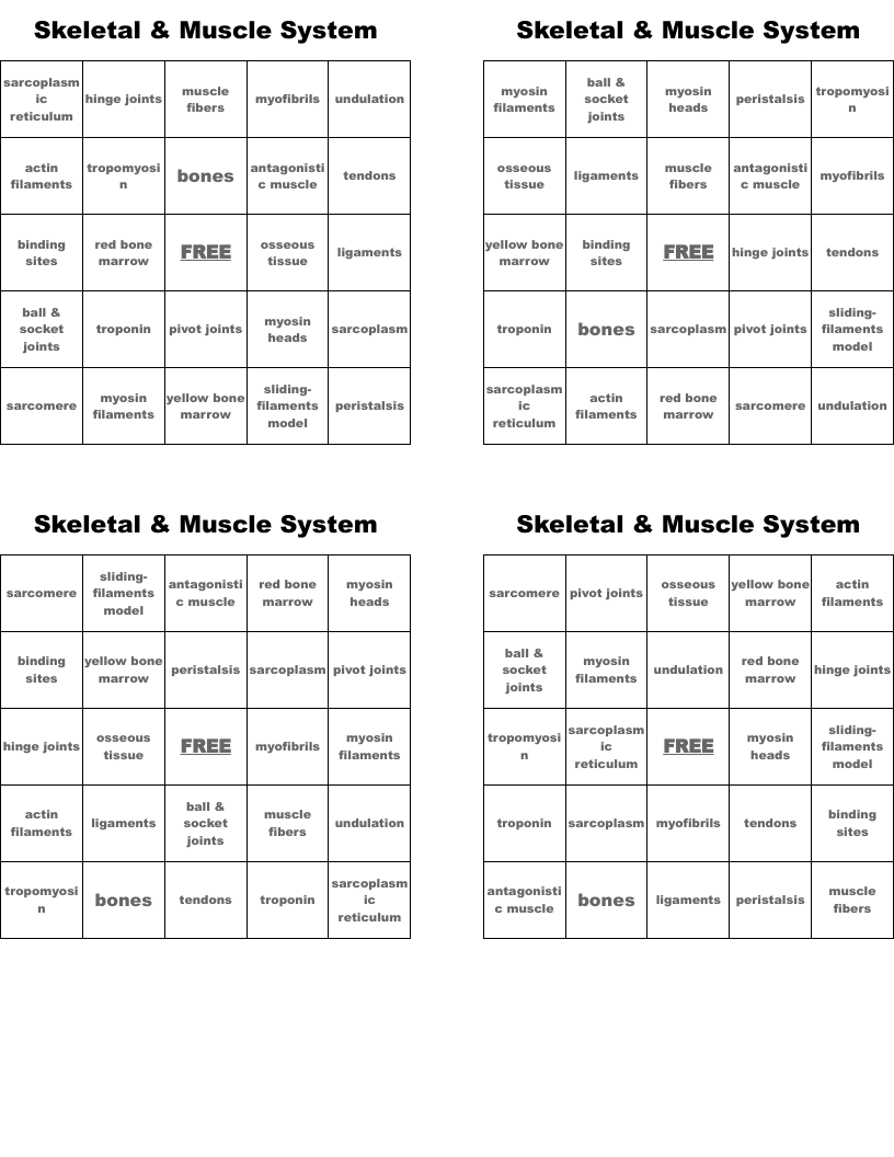 Skeletal & Muscle System Bingo Cards