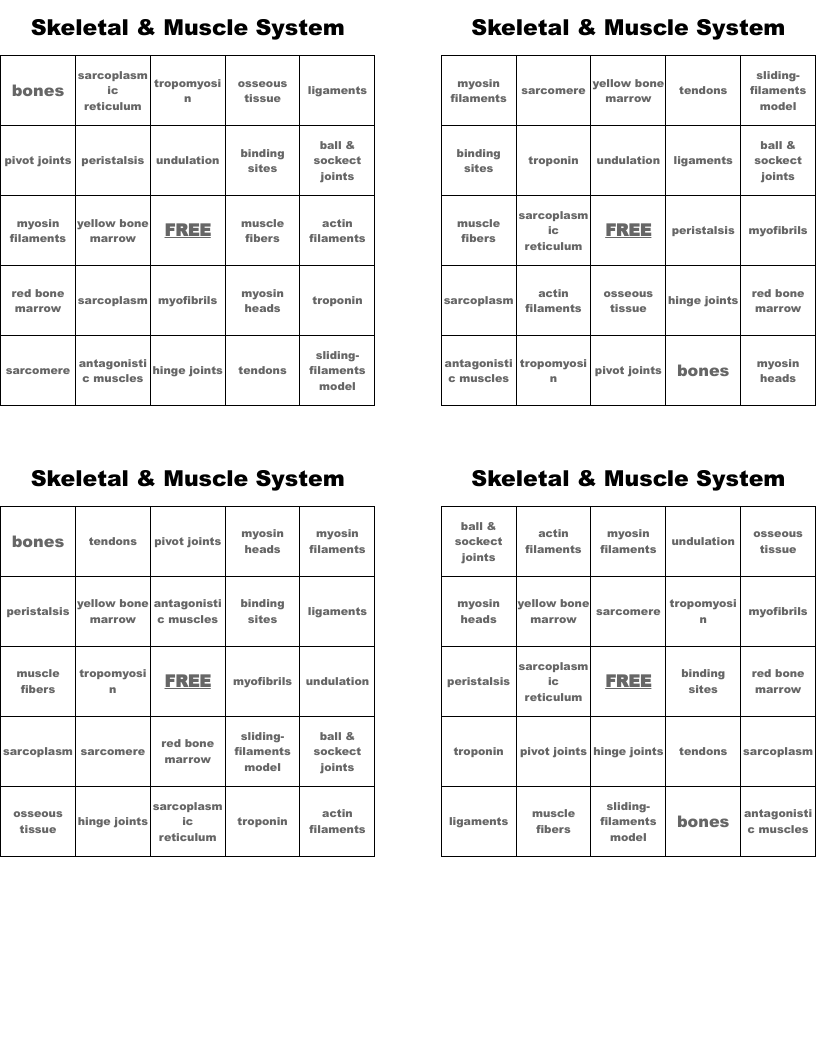 Skeletal & Muscle System Bingo Cards