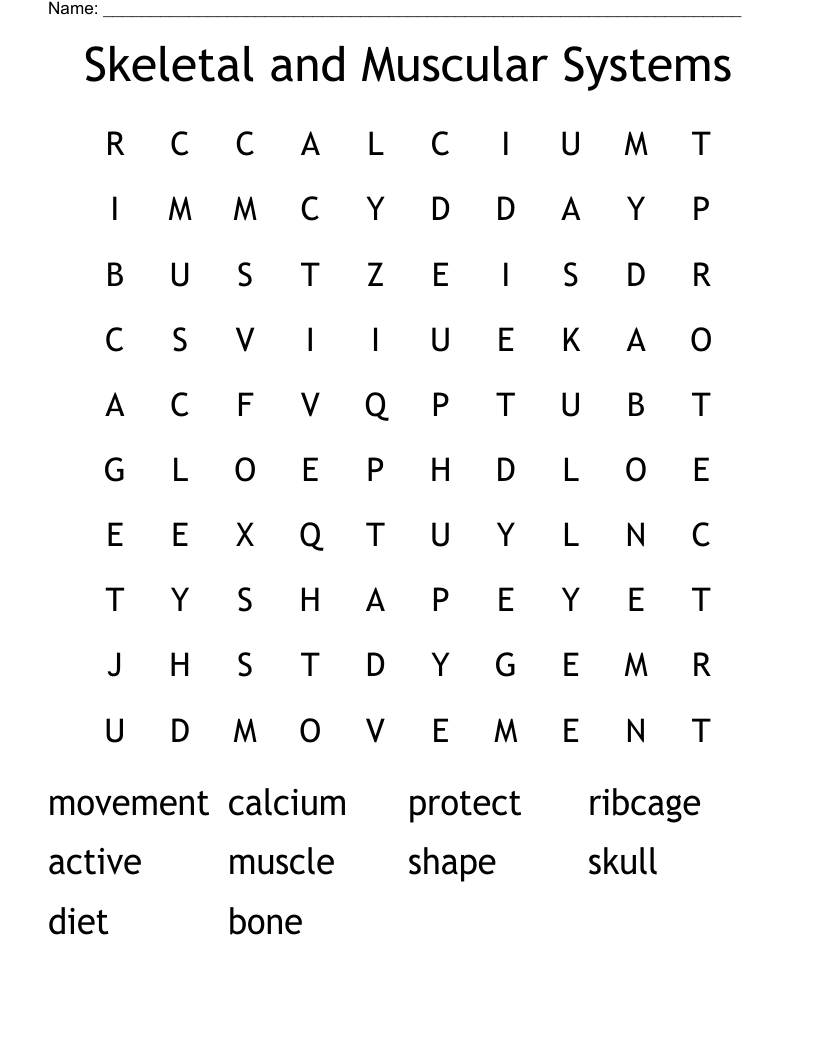 Skeletal and Muscular Systems Word Search