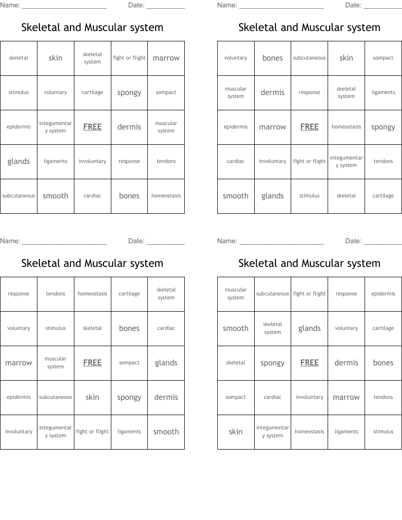 Skeletal and Muscular system Bingo Cards