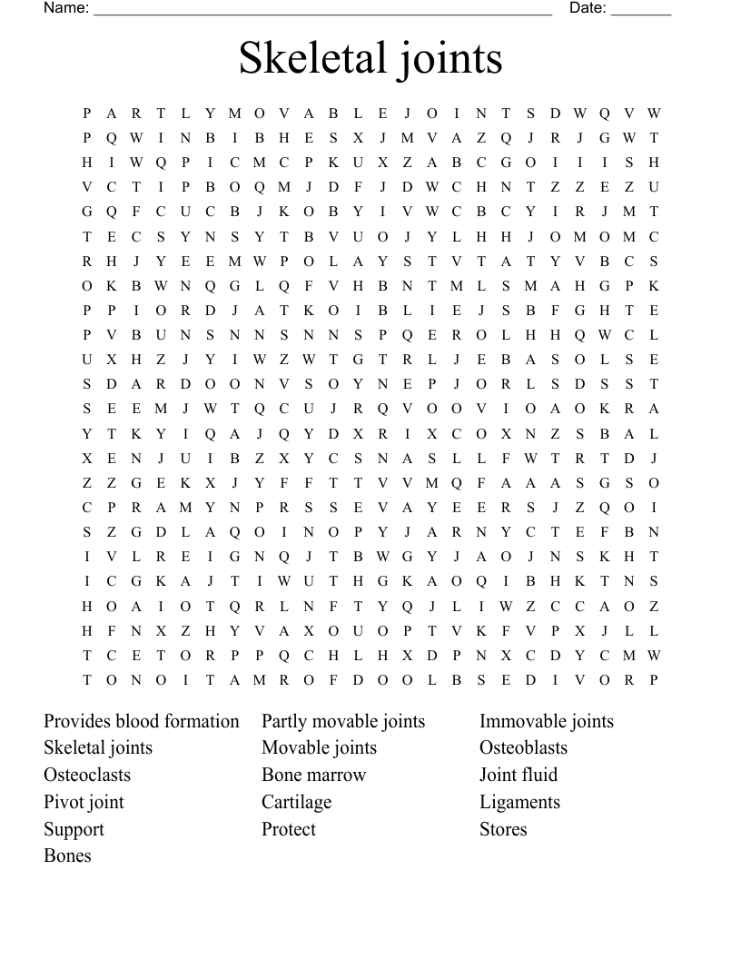 Skeletal joints Word Search